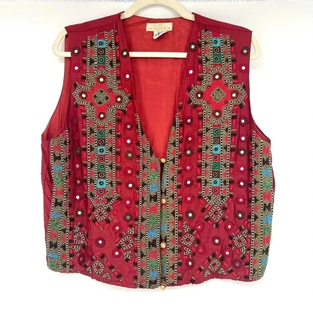 Vintage Ethnic Bohemian Beaded Vest Top Size Large